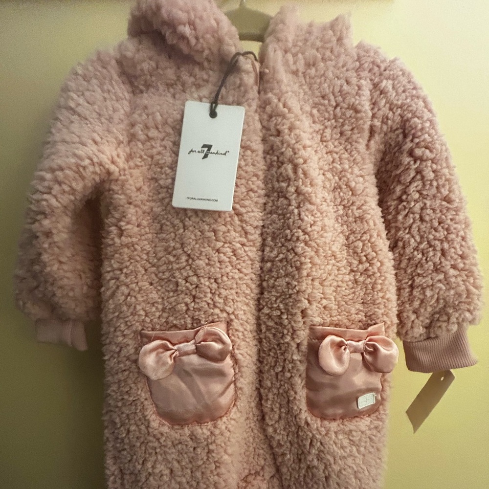 NWT 7 For All Mankind Pink Fuzzy Onesie w/Sweet Hood and Ears. Zipper & Pockets